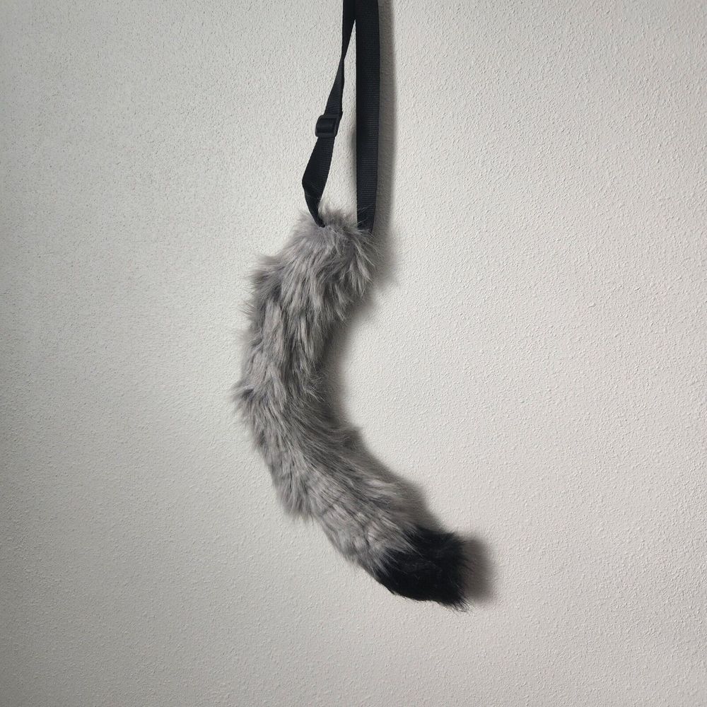 Cosplay Faux Fur Costume Cat Tail Gray And Black Adjustable Belt Up To 42 Inches
